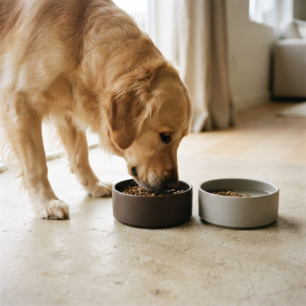 Golden retriever eating from a pair of matte ceramic pet bowls