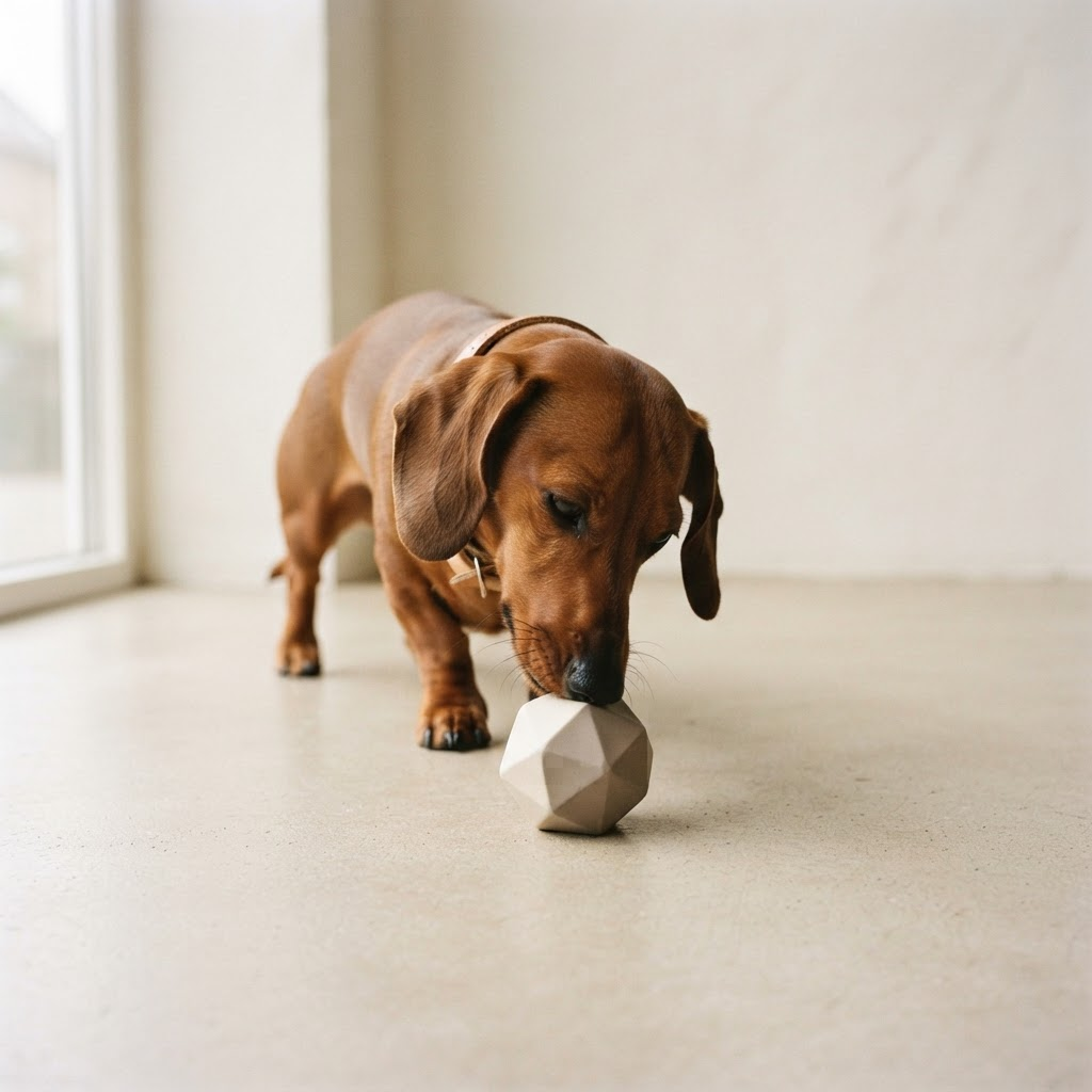 Dachshund sniffing a faceted two-tone designer toy ball