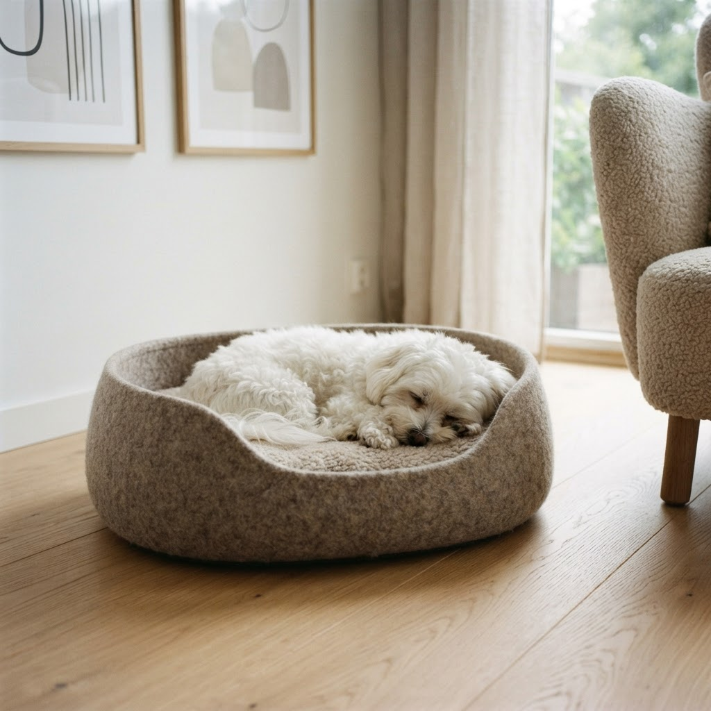 Small white dog asleep in a rounded felted wool bed in a bright minimal apartment