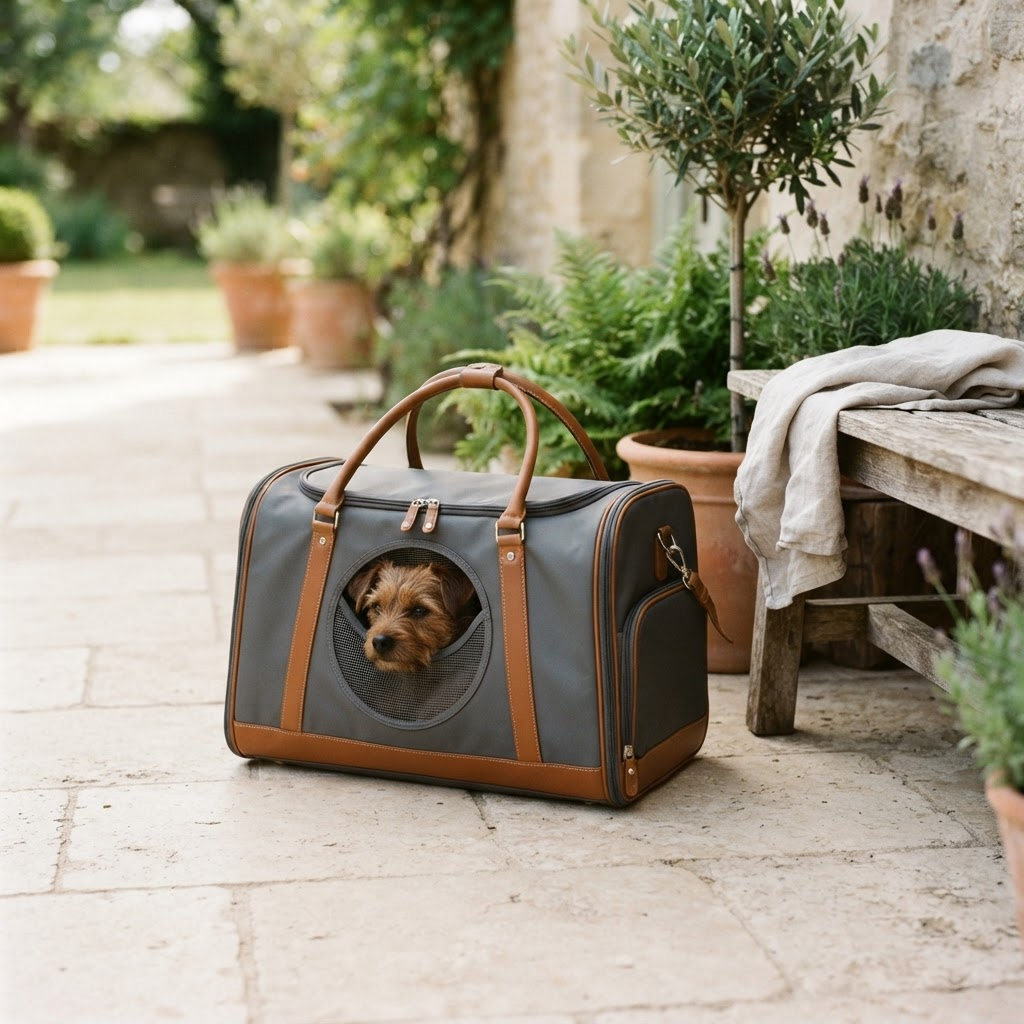 Grey nylon pet carrier on a terrace with a small dog resting inside