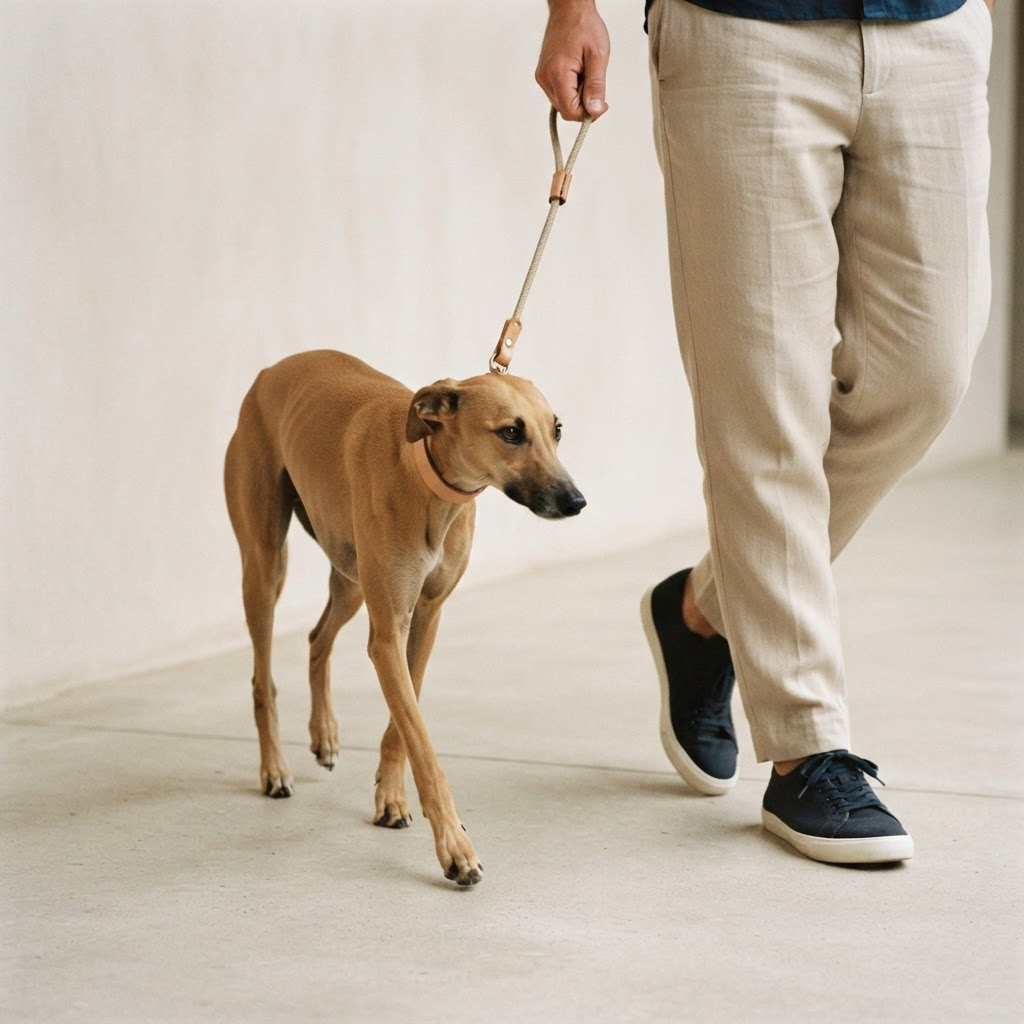 Tan hound dog walking on a slim leather lead beside its owner
