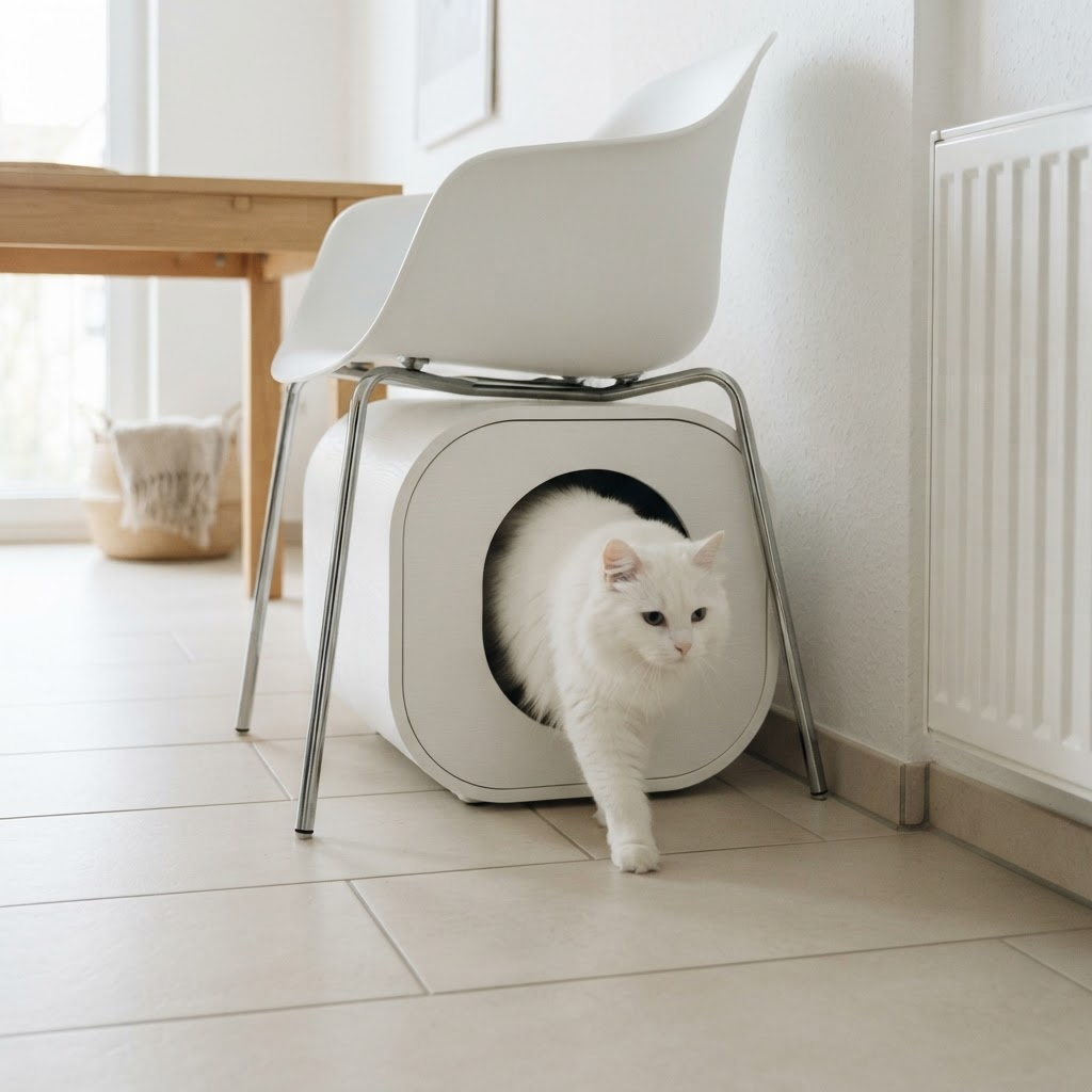 White cat stepping out of a minimal enclosed litter cabinet