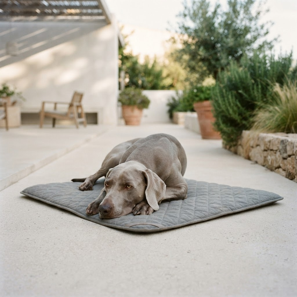 Weimaraner resting on a quilted grey travel mat on a terrace