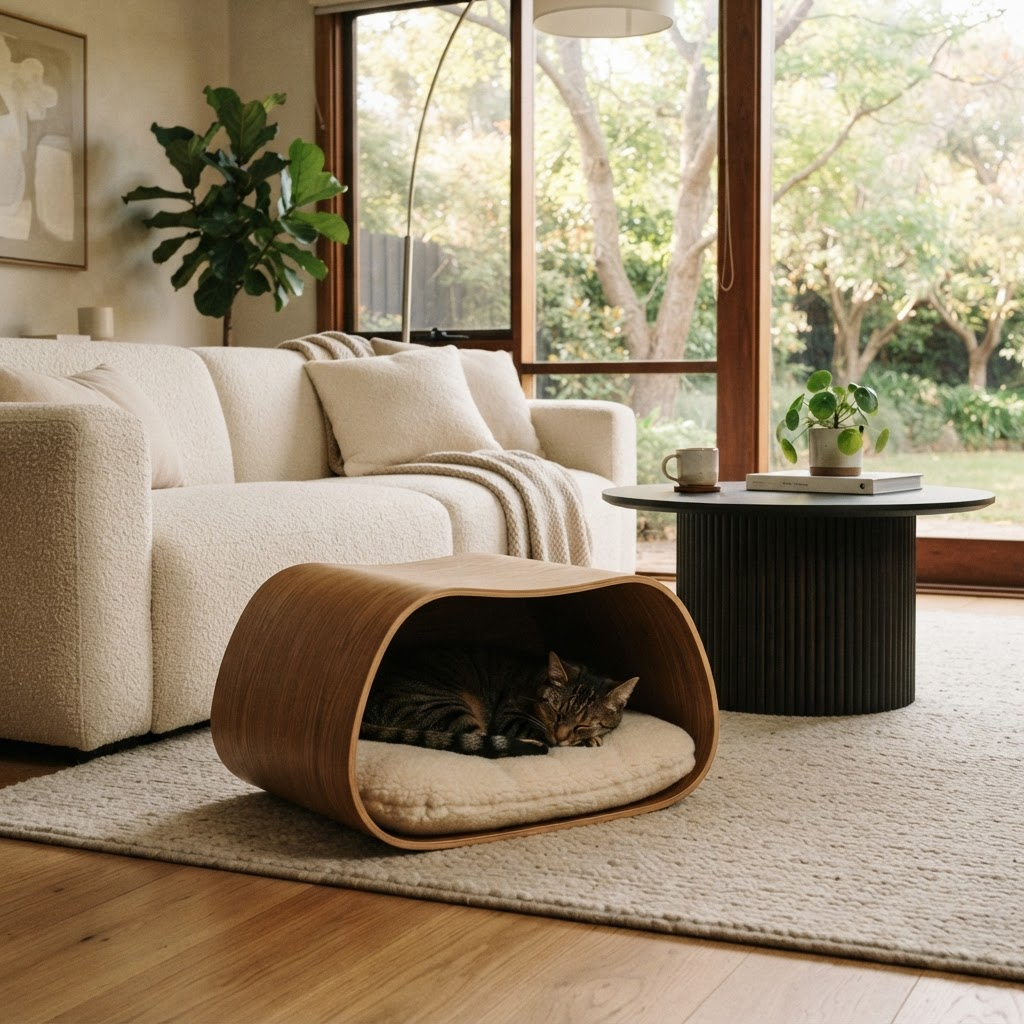 Cat curled inside a sculptural bent-plywood cat cave in a warm living room