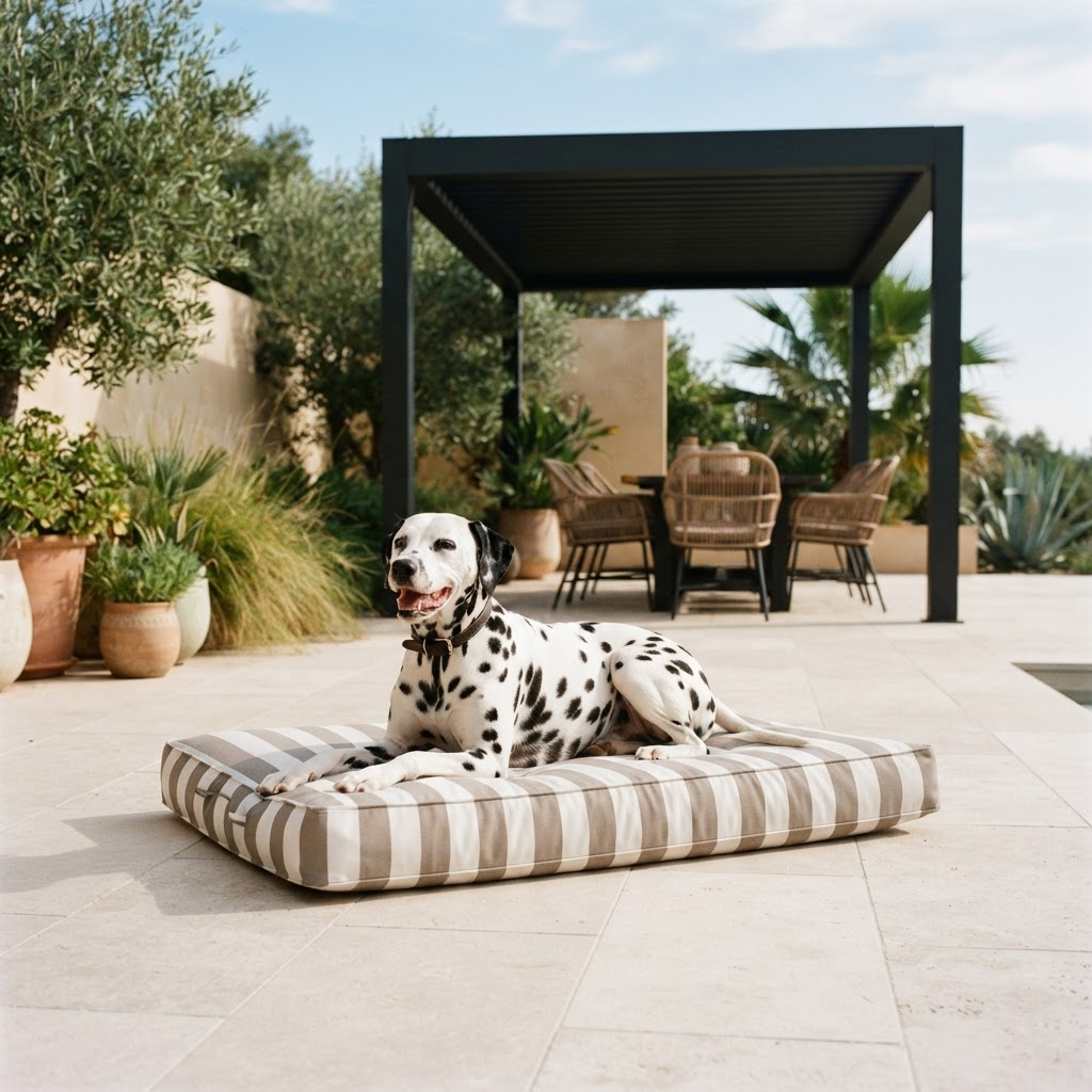 Dalmatian lying on a striped outdoor cushion on a sunny terrace