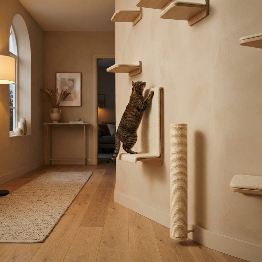 Tabby cat climbing a wall-mounted felt cat step beside a sisal scratching post
