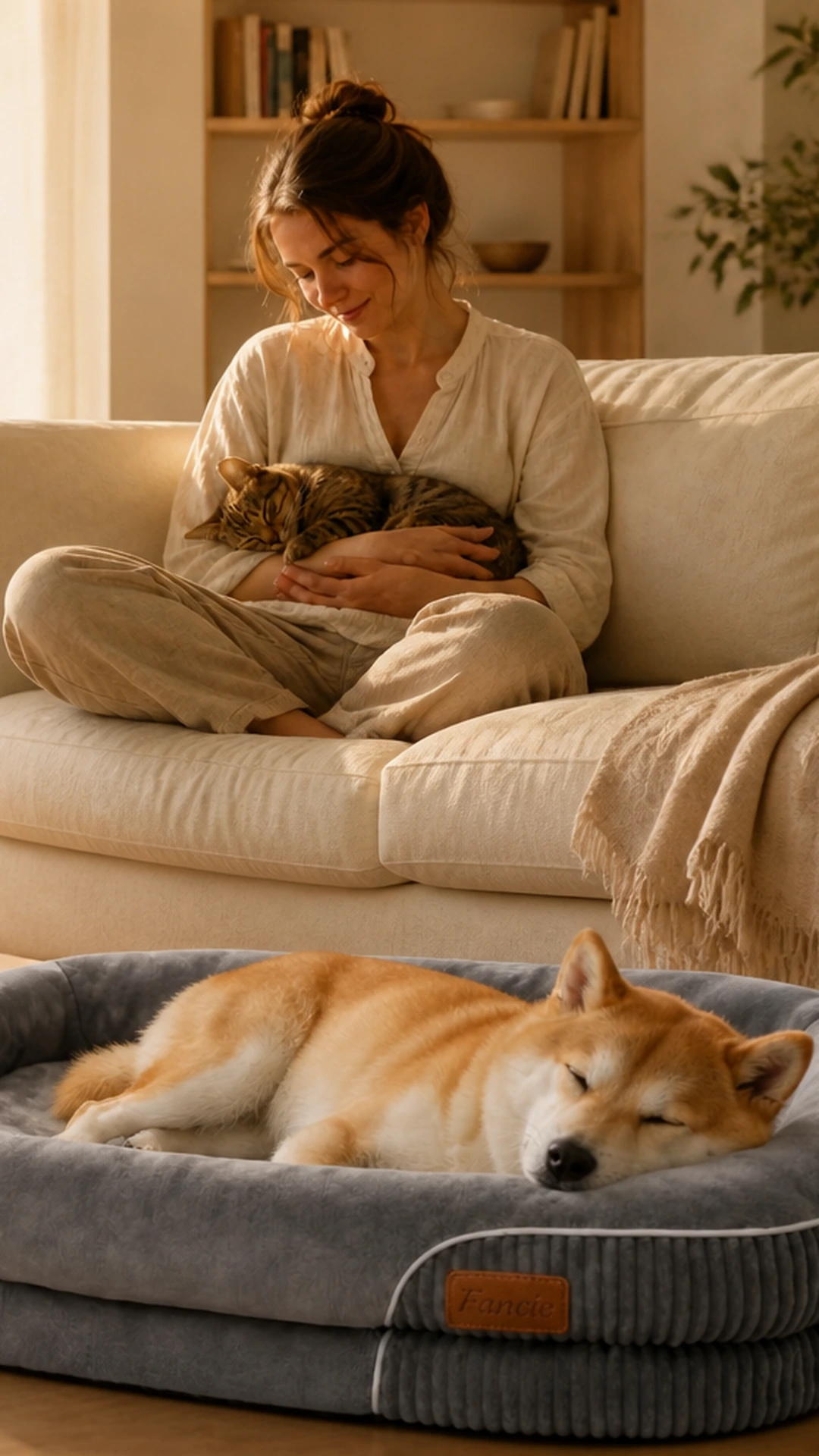 A dog resting in a FANCIE pet bed while a woman holds a cat in a warm home interior