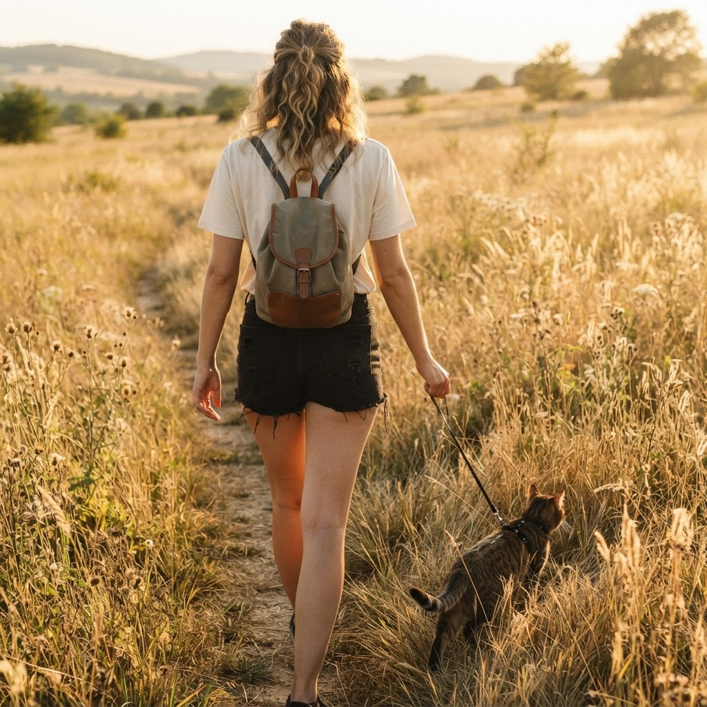 A person walking through a sunlit meadow with a tabby cat in a harness on a slim leash