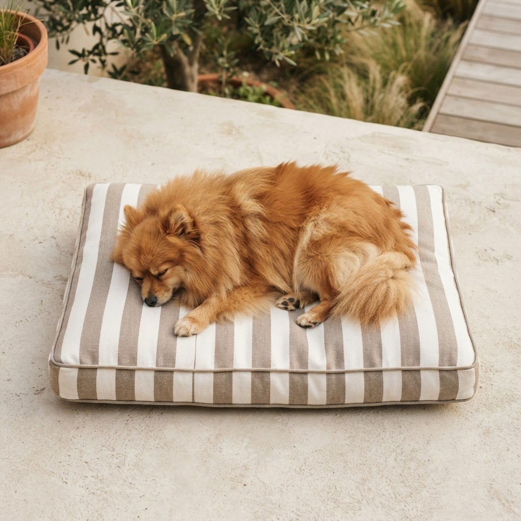 Ginger spitz dog resting on a taupe and white striped outdoor pet cushion