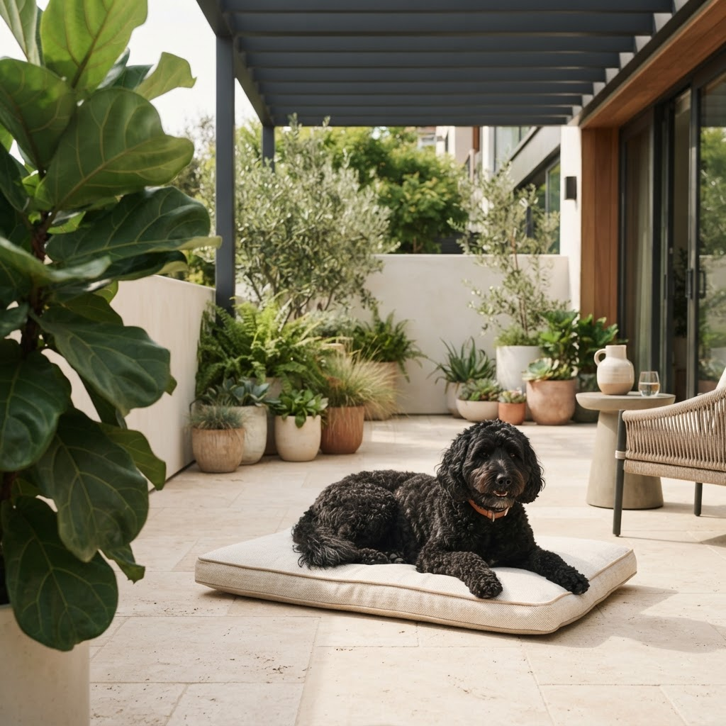Black curly-haired dog lying on a slim outdoor cushion on a sunlit terrace